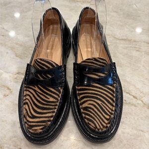 J.Crew Zebra Calf Hair Penny Loafers Black Patent Size 7.5 Women Academia Prep
